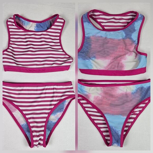 Eddie Bauer Girls Reversible Swimsuit Size 7/8 M Tankini Bikini Beach Pink Pool - Picture 1 of 14
